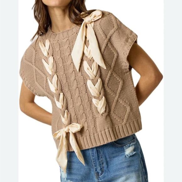 Tan Cable Knit Sweater with Cream Bows - Picture 1 of 8